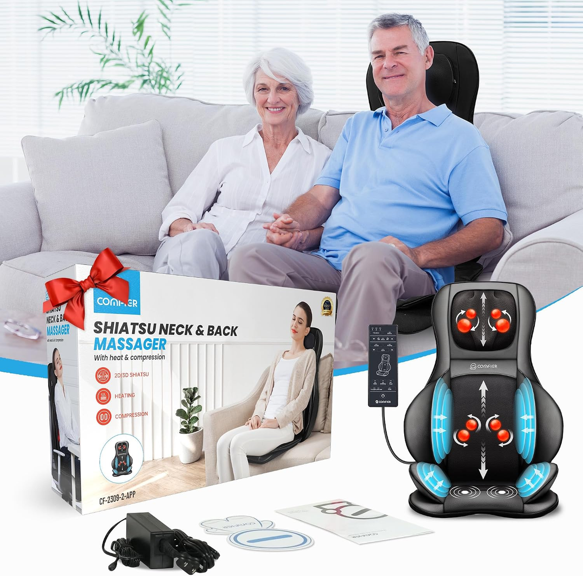 Shiatsu Neck Back Massager with Heat,2D/3D Massage Chair Pad with App Control,Deep Tissue Kneading Massage Chair Pad with Compression,Adjustable