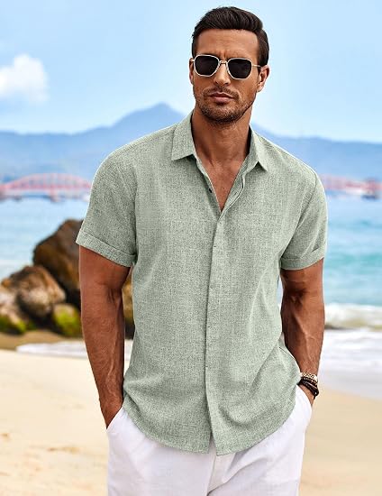 Men's Linen Shirts Short Sleeve Casual Shirts Button Down Shirt for Men Beach Summer Wedding Shirt