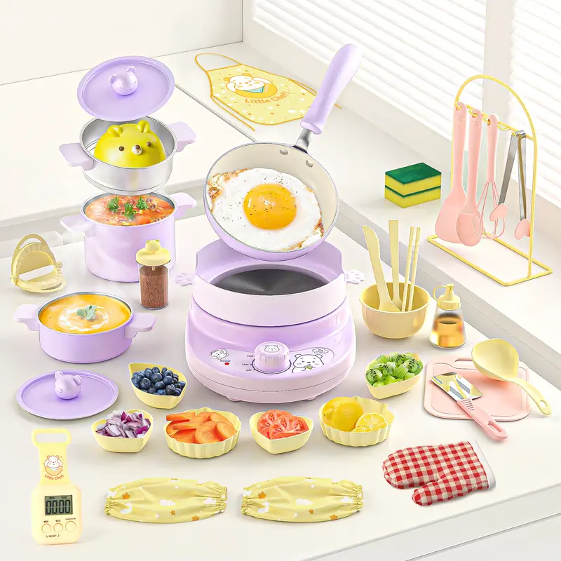 4-Color Kids Real Mini Cooking Set (Ages 8-12) - Safe Montessori Kitchen Toy with Knife & Dishes | Halloween, Thanksgiving & Christmas Gift for Girls & Boys