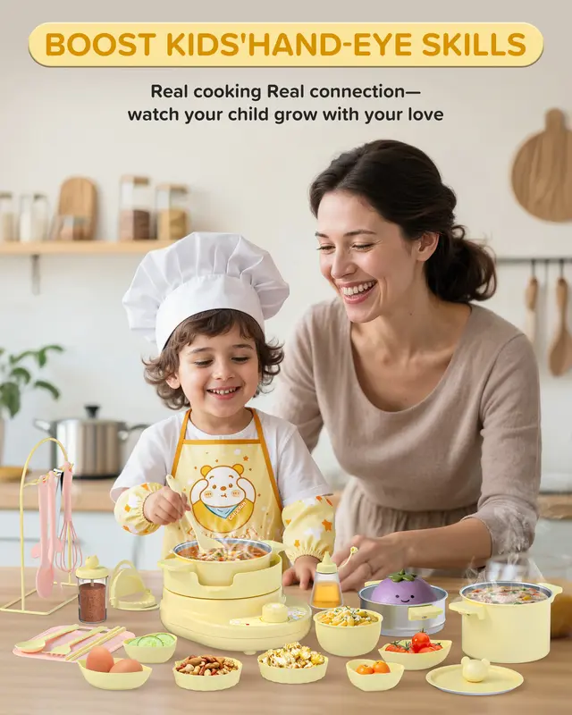 4-Color Kids Real Mini Cooking Set (Ages 8-12) - Safe Montessori Kitchen Toy with Knife & Dishes | Halloween, Thanksgiving & Christmas Gift for Girls & Boys